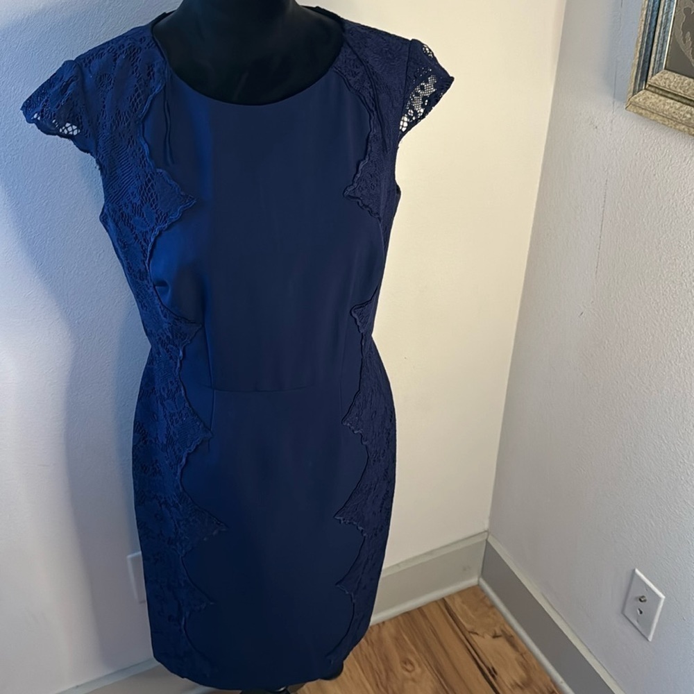 Adrianna Papell blue mixed media‎ lace cap sleeve sheath dress Sz 8